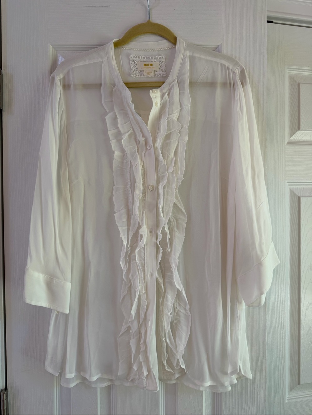 Anthropologie White Sheer Ruffle-Front Blouse